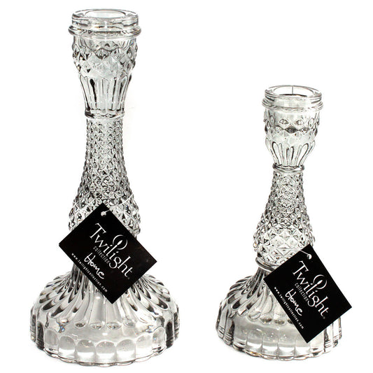 Bella Clear pressed glass candle holders available in small and large at Urban Fare