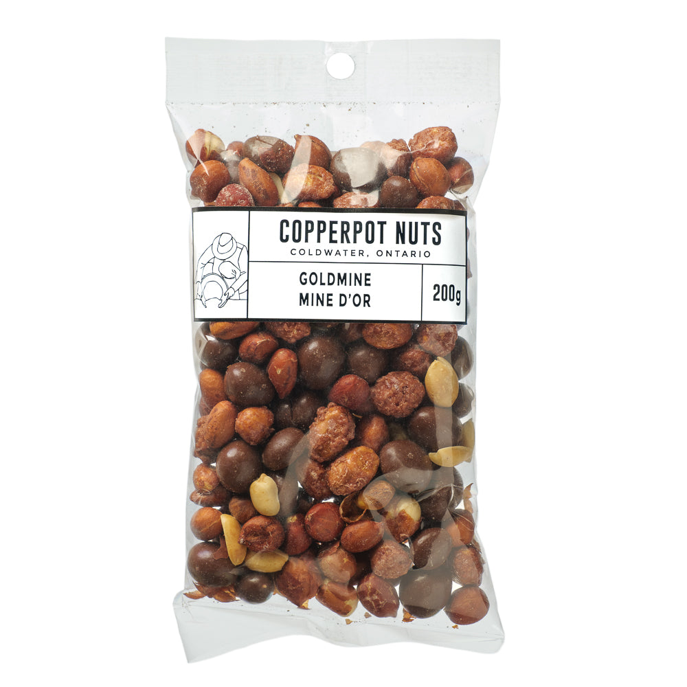 A 200g bag of Copperpot Nuts Goldmine Mine D'Or mixed nuts, containing chocolate-covered peanuts, whole peanuts, and cashews, in a clear resealable plastic bag with a white and black label.