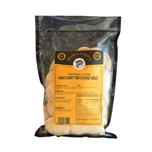 Bianca Farina Fine Foods | Asiago, Roasted Garlic & Sundried Tomato Medallion Pasta